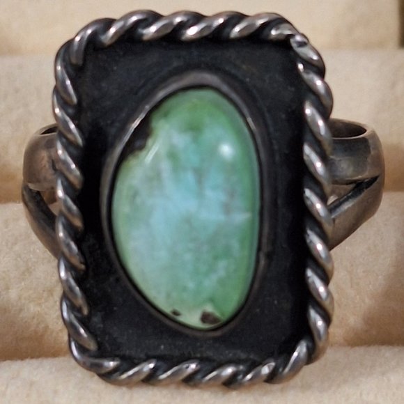 Size 6.5 Sterling Silver Manassa Turquoise Ring, Vintage Navajo Antique Jewelry - Picture 7 of 12